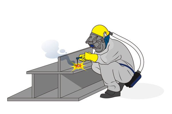 電動ファン付き呼吸用保護具で溶接をしているイラスト